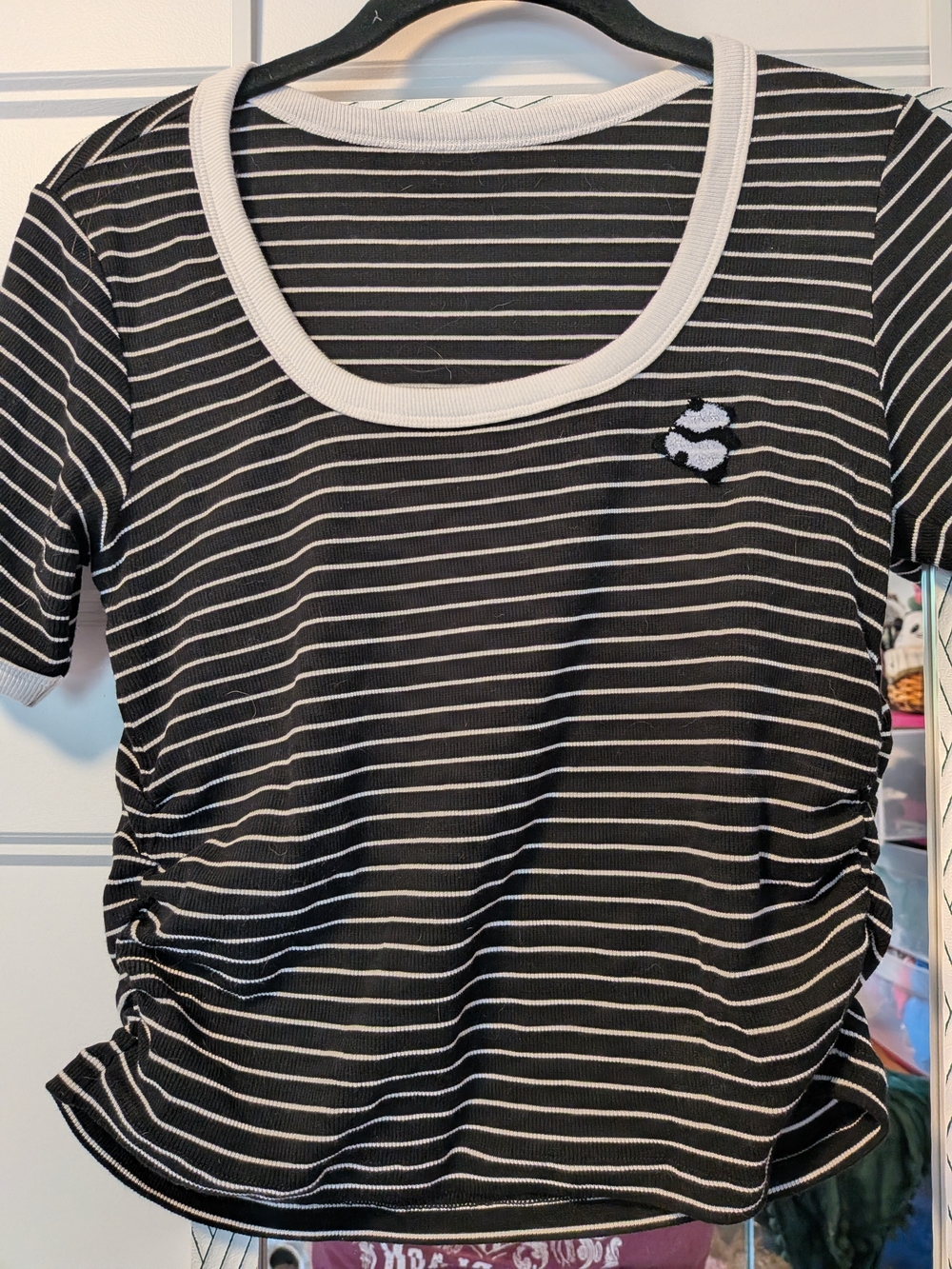 Kawaii Cute Panda Black & White Striped Scoop Neck Top with Patch